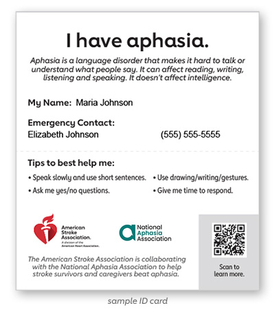 the aphasia ID card with sample contact information
