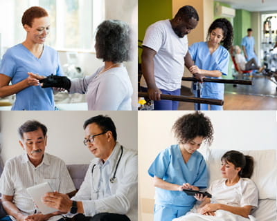 A grid of four images showing health care professionals consulting patients in different stages of recovery.