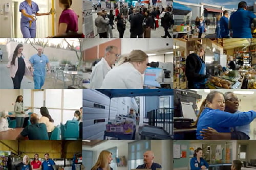 A collage of frames from the video showing health care workers, volunteers and other people in various scenarios.