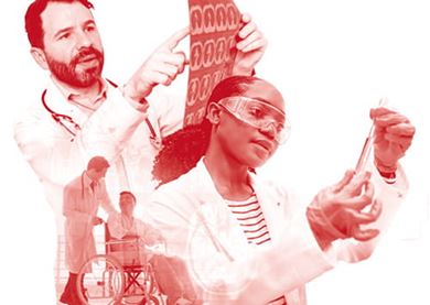 red duotone collage of health care professionals and a patient in a wheelchair