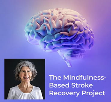 A digital illustration of a brain in purples and blues with an inset of Lori Gray's headshot and the words "The Mindfulness-Based Stroke Recovery Project"