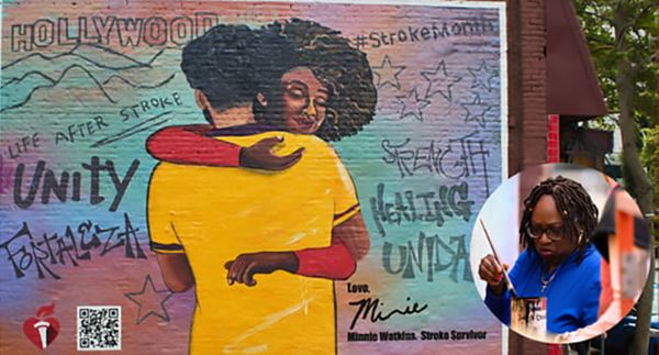 A round inset of Minnie Watkins with a paintbrush is next to her street mural of a man and woman hugging in front of the Hollywood sign surrounded by impactful words like "unity."