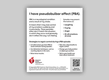 Pseudobulbar affect (PBA) ID card on a grey background