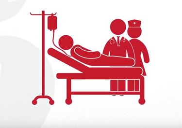 drawing of a patient in a  hospital bed with staff around them