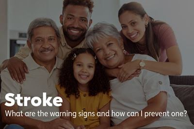 A multigenerational family posing on a sofa with the headline "Stroke - What are the warning signs and how can I prevent one?" overlayed.