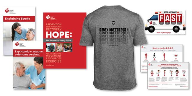 A collage of American Stroke Association apparel, brochures and posters