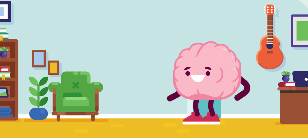 A colorful digital illustration of a pink brain character standing in a living room setting